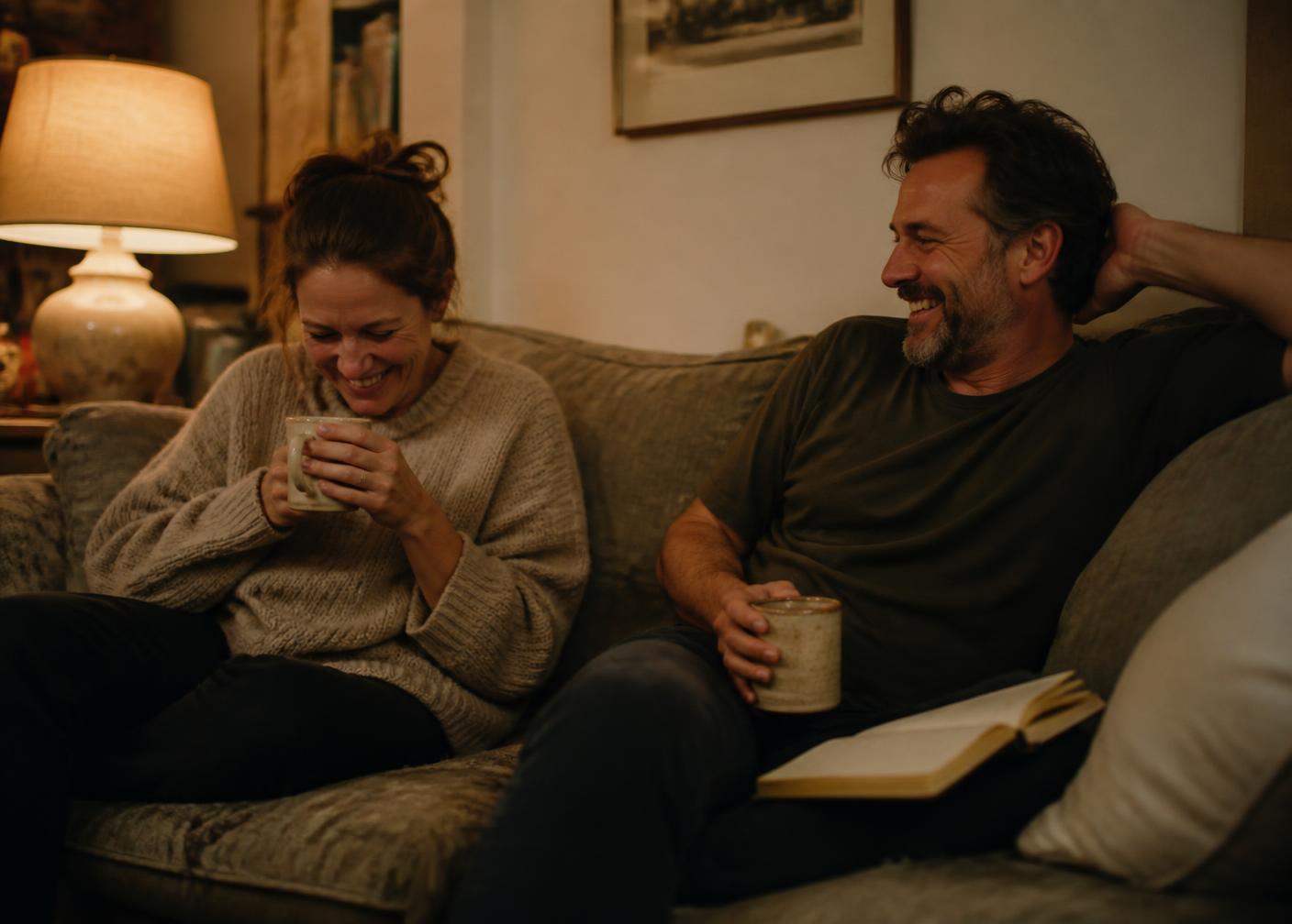 Two parents laughing together on a couch in the evening